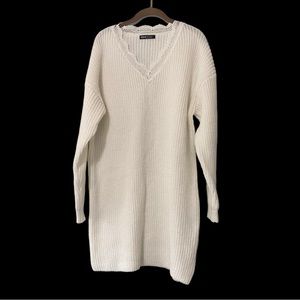 White Sweater Dress with Lace Detail V-neck Long Sleeves Size Medium SHEIN